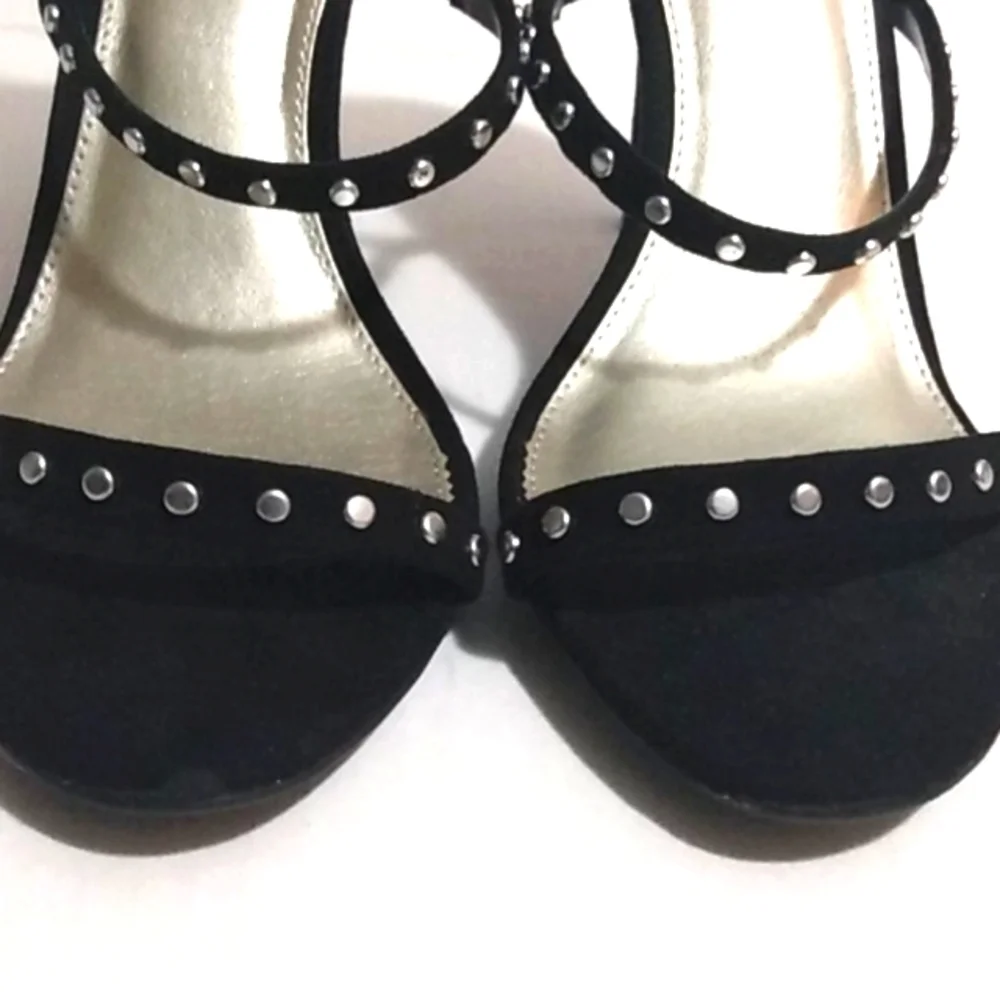 MICHAEL SHANNON BLACK SILVER STUDDED STRAPPY STILETTO SANDALS SIZE 9